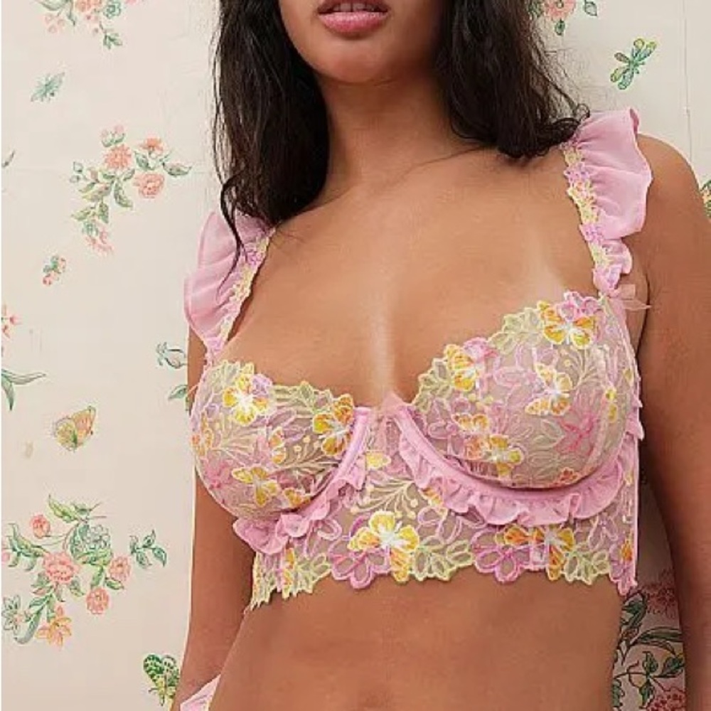 For Love and Lemons Pink Floral Appliqué Bra